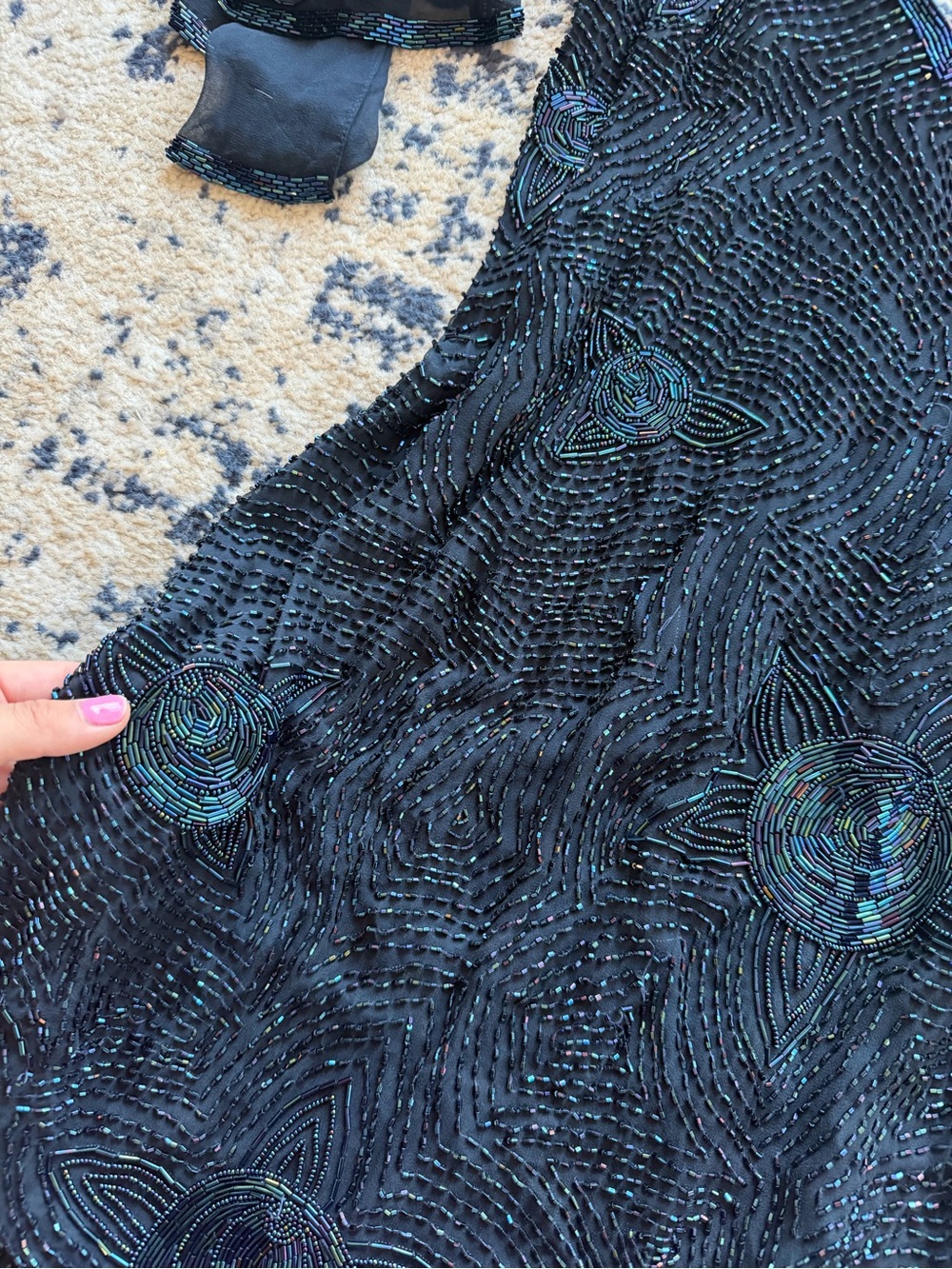 Vintage Holt Renfrew Silk Beaded Navy Dress with Scarf BLACKTIE OLEG CASSINI - Picture 7 of 10